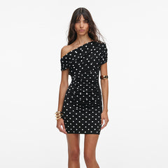 One-Shoulder Polka Dot Ruched Bodycon Mini Dress