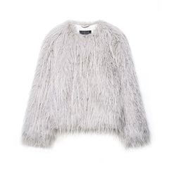Collarless Shaggy Faux Fur Jacket