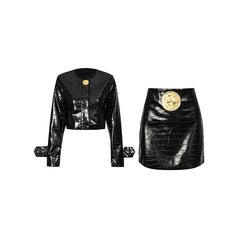 Croc-Embossed Faux Leather Jacket and Mini Skirt Set