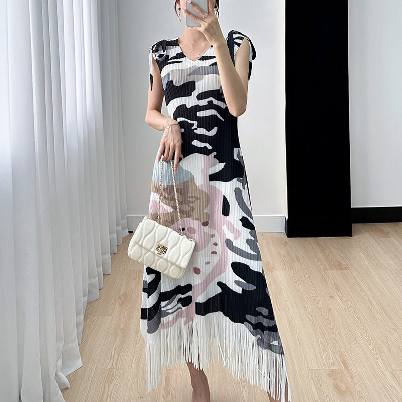 Colorful Seaside Artistic Print Fringe Dress
