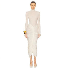 High-Neck Long-Sleeve Ruched Midi Dress