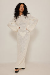 Beige Bell Sleeve Textured Knit Dress