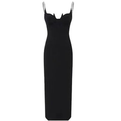 Crystal Strap Black Bodycon Evening Gown