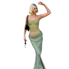 Green Lace Camisole & Midi Skirt Set