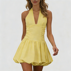 Halter Neck Ruched Mini Dress with Bubble Hem