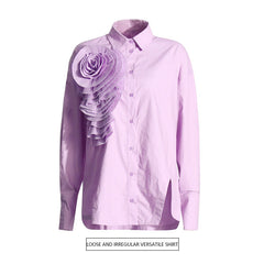 Pleated Floral Appliqué Button-Down Shirt with Side Slit