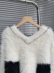 Fuzzy Contrast Colorblock Knit Sweater