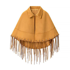 Suede-Look Fringe Hem Cape Jacket