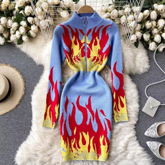 Retro Flame Print High-Neck Knit Dress