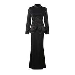 Satin Mock-Neck Long Sleeve Peplum Maxi Dress