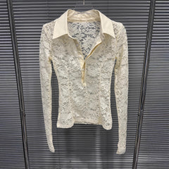 Long Sleeve Sheer Floral Lace Polo Shirt