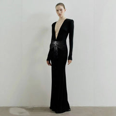 Velvet Deep V Crystal Bow Maxi Dress