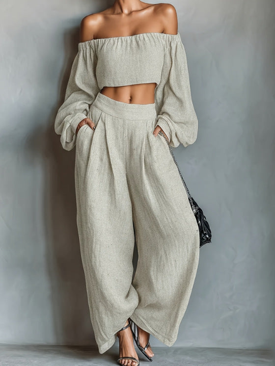 Off-The-Shoulder Crop Top and Wide Leg Linen Set