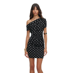One-Shoulder Polka Dot Ruched Bodycon Mini Dress