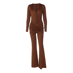 V-Neck Ruched Cross-Waist Jumpsuit