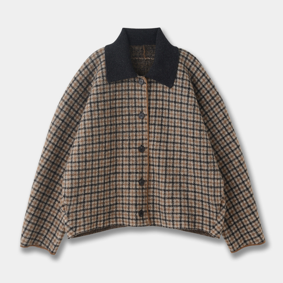 Wool Knit Plaid Set Brown Jacket Mini Skirt