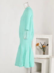 Elegant Pleated Dress Round Neck Long Sleeves High Waist A-line Dresses