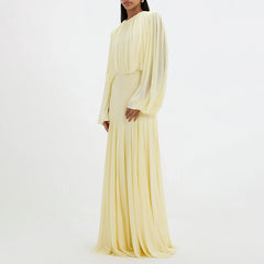 Bohemian Long-Sleeve Pleated Maxi Dress