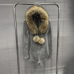 Faux Fur Collar Hooded Cable Knit Cardigan Sweater