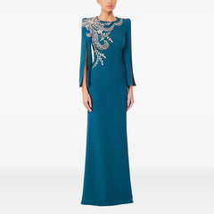 Beaded Appliqué Split Sleeve Floor Length Evening Gown
