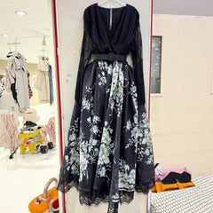 V-Neck Floral Print Maxi Dress with Lace Trim and Belt