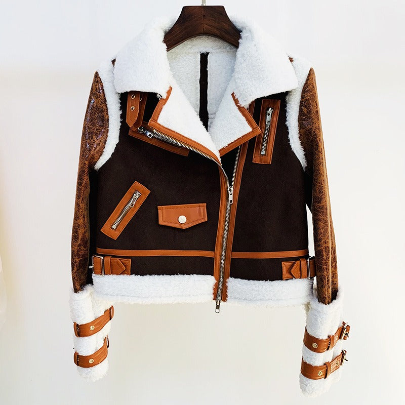 Leather Panel Shearling Moto Jacket