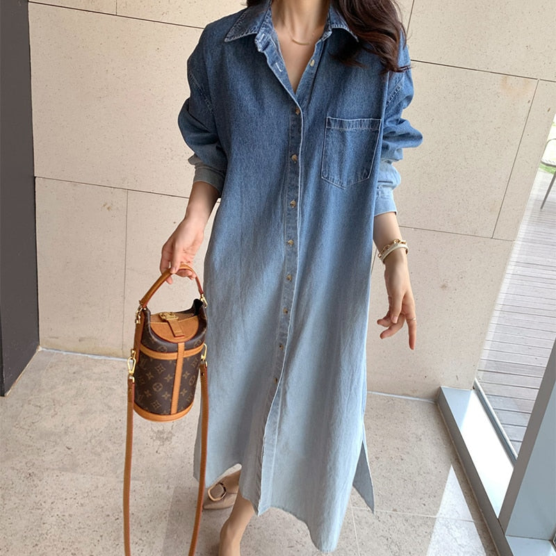 Vintage Gradient Wash Button-Up Denim Dress