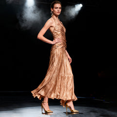 Halter Neck Ruched Satin Maxi Dress with Drape Detail