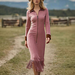 Western Zip-Front Midi Dress with Fringe Hem