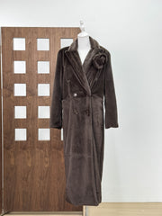 Long Faux Fur Double-Breasted Coat with Flower Pin
