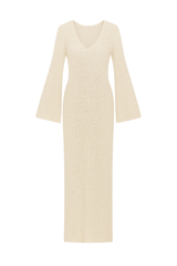 Beige Bell Sleeve Textured Knit Dress