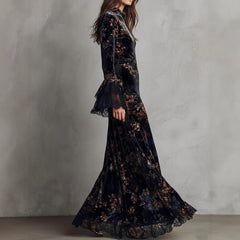 High-Neck Floral Velvet Maxi Dress with Lace Bell Sleeves