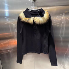 Faux Fur Collar Pullover Long Sleeve Top