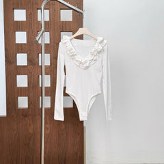 Ruffle-Trim V-Neck Long-Sleeve Bodysuit