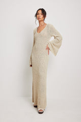 Beige Bell Sleeve Textured Knit Dress