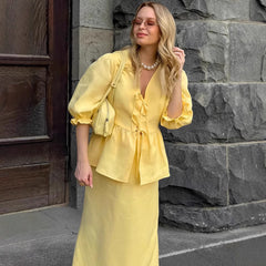 Puff-Sleeve Peplum Top and Maxi Skirt Set