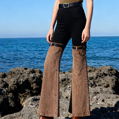 High-Waist Two-Tone Flared Trousers with Belted Thigh Detail