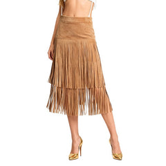 Tiered Suede Fringe Midi Skirt