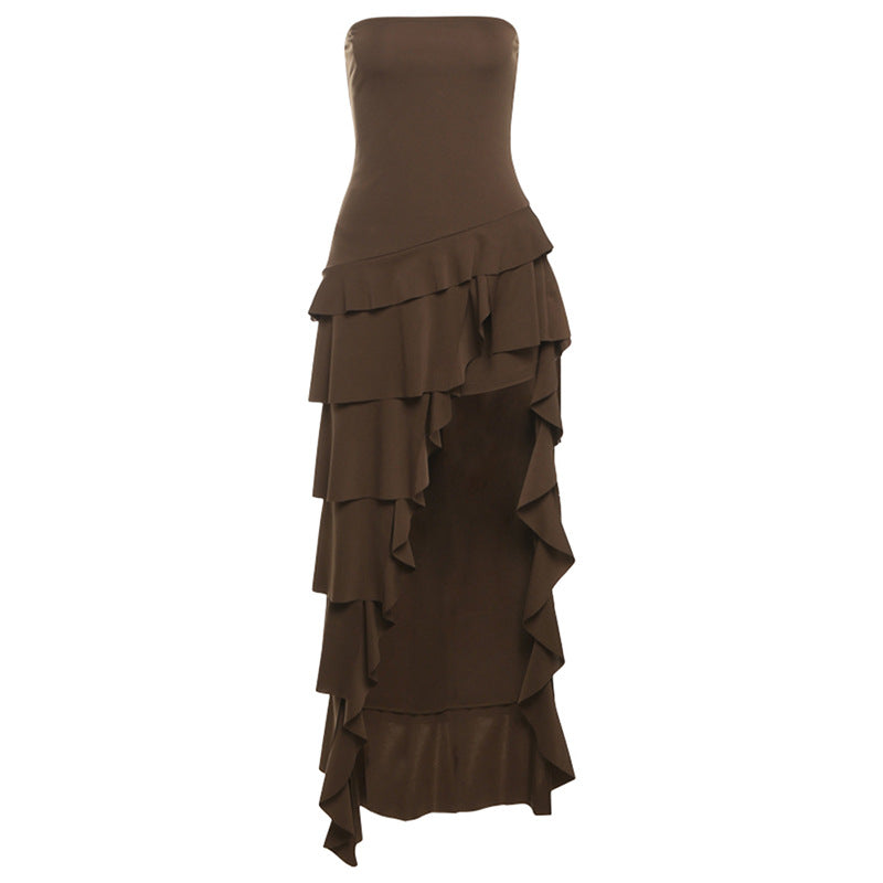 Irregular Brown Strapless Ruffle Dress