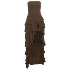 Irregular Brown Strapless Ruffle Dress