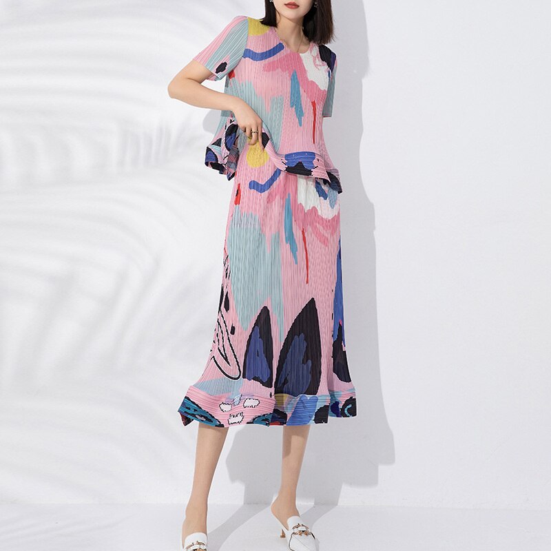 Pastel-Hued Abstract Print Ruffled Suit