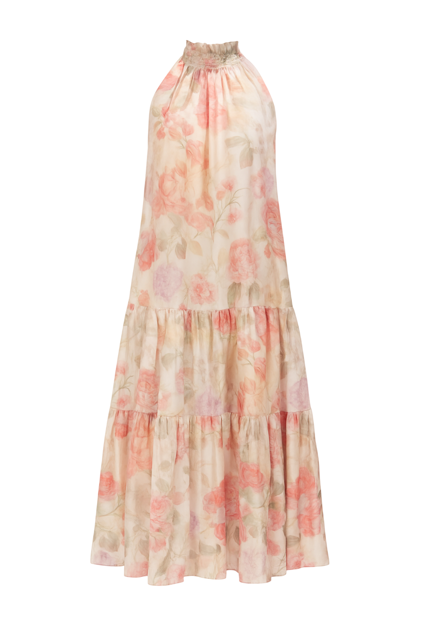 Romantic Watercolor Floral Ruffle Dress
