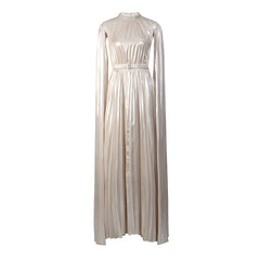 Metallic Pleated High Neck Gown with Extra Long Sleeves