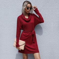 Cowl Neck Knit Mini Sweater Dress