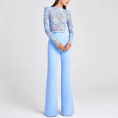 Light Blue Lace Long Sleeve Jumpsuit