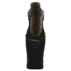 Halter-Neck Faux Leather Midi Dress with Faux Fur Trim