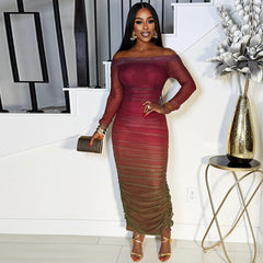 Off-the-Shoulder Ombré Ruched Mesh Maxi Dress