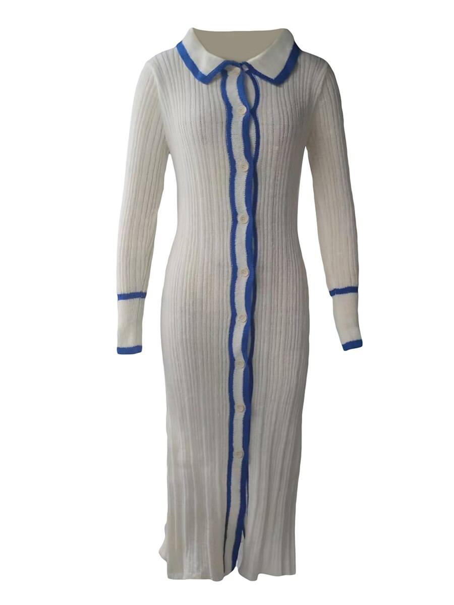 Classic Collared Knit Dress with Blue Wave Detail