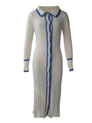 Classic Collared Knit Dress with Blue Wave Detail