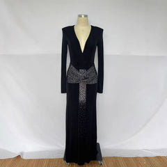 Velvet Deep V Crystal Bow Maxi Dress